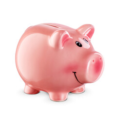 Pink porcelain piggy bank isolated. Transparent PNG image.