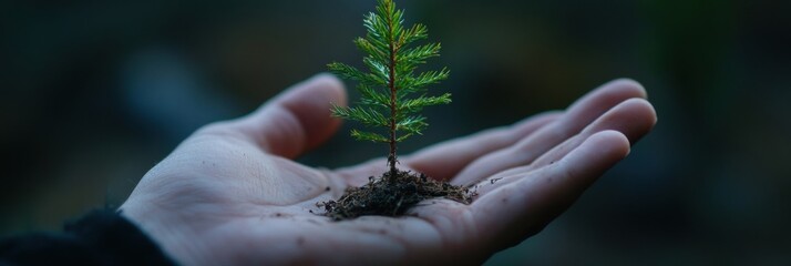 Tiny tree nurtured gently in an open palm symbolizes the commitment to nature and ecological preservation in a serene forest setting