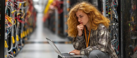 A woman in the data server center using a laptop