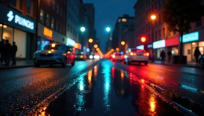 Abstract late-night city lights reflecting on wet pavement, illustration, wet, texture