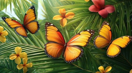 Naklejka premium A tropical butterfly wallpaper with butterflies in vivid oranges and yellows, surrounded by palm leaves and exotic flowers.