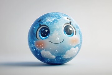 A cute cartoon Earth globe with big eyes, smiling face, and clouds, conveying a friendly and playful environmental message.