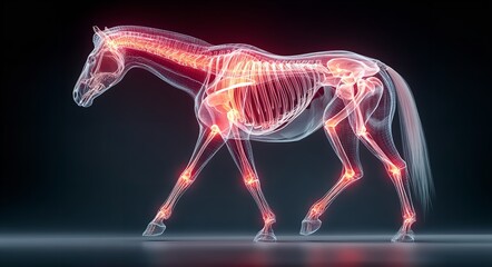 Obraz premium 3D X-Ray Illustration of a Horse with Highlighted Pain Points on Joints – Veterinary or Medical Concept