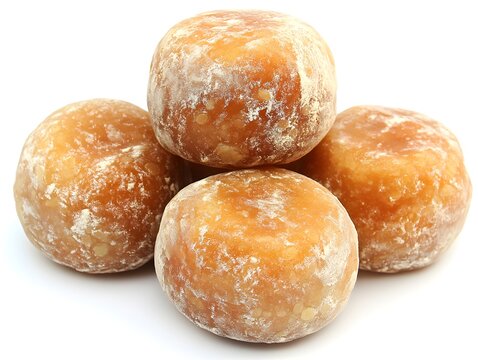 Four golden brown palm jaggery balls are stacked neatly on a bright white background showcasing their sweet texture and natural appeal.