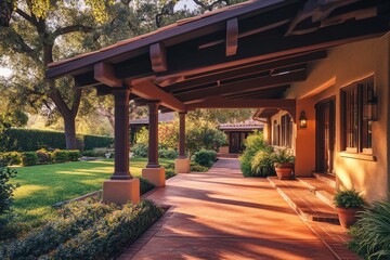 Fototapeta premium A sun-drenched Mediterranean-style home with a long porch, columned walkway, and lush landscaping.
