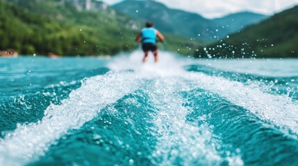 Naklejka premium Adrenaline tourism activities water skiing adventure in nong khai thailand's scenic waters