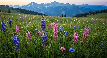 Fototapeta premium Mountain Wildflower Meadow: Vibrant Lupines and Serene Landscape