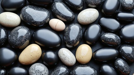 Black and white stones, pebbles, and pills arranged in a Zen-inspired abstract pattern for a natural and healthy vibe