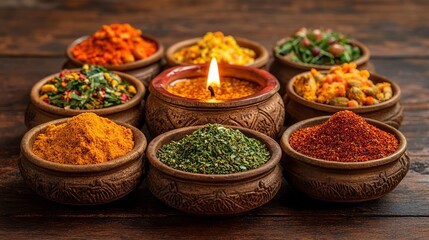 Fototapeta premium Aromatic Spices in Bowls with Burning Candle on Wooden Table