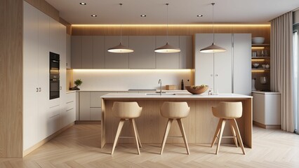 Bright Modern Kitchen with Light Wood Cabinets White Island and Three Wooden Stools