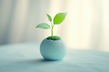 A small green plant sprouts from a cracked light blue egg-shaped pot, symbolizing new life and growth.