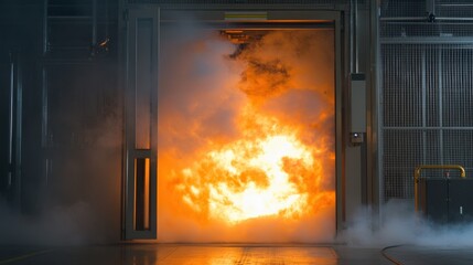 Fototapeta premium An intense fire explosion erupts from a large doorway in a manufacturing facility. Smoke and flames are visible, indicating an emergency drill in action as safety protocols are tested