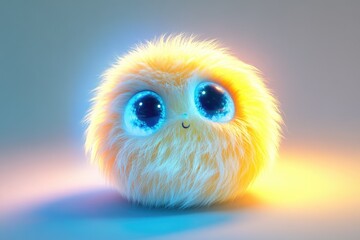 Fototapeta premium A cute, fluffy, yellow creature with big, bright blue eyes smiles gently.