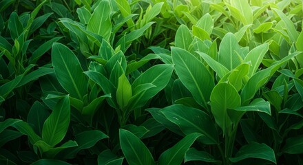 Naklejka premium Lush Green Leaves Background with Sunlight
