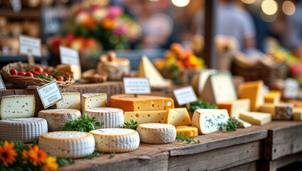 A colorful assortment of various cheeses displayed beautifully at a local market for customers to purchase.