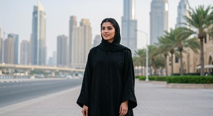 Confident woman smiling in modern cityscape background  