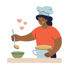 Flat cartoon illustration of chef pouring hot soup from pot into bowl. Cozy cooking vector scene with cute female character, food, kitchen themes, or restaurant visuals composition, colored clipart