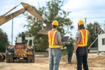 Two construction workers in hard hats and reflective vests discussing blueprints at an industrial site, emphasizing collaboration, planning, and safety in civil engineering projects.