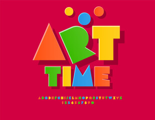 Vector Creative emblem Art Time. Colorful Sticker Font. Artistic Kids Paper Alphabet Letters and Numbers set.