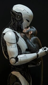 Advanced AI humanoid robot interacting with a chimpanzee, exchanging a symbolic gesture, representing artificial intelligence, evolution, and the connection between technology and nature in a dark fut