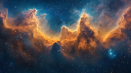 Obraz premium Vibrant Cosmic Nebula with Stars, A vibrant and colorful nebula in space, showcasing bright orange, blue, and yellow hues with stars