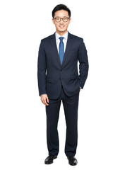 East Asian man in glasses, smiling confidently, business suit, focused gaze, isolated background.