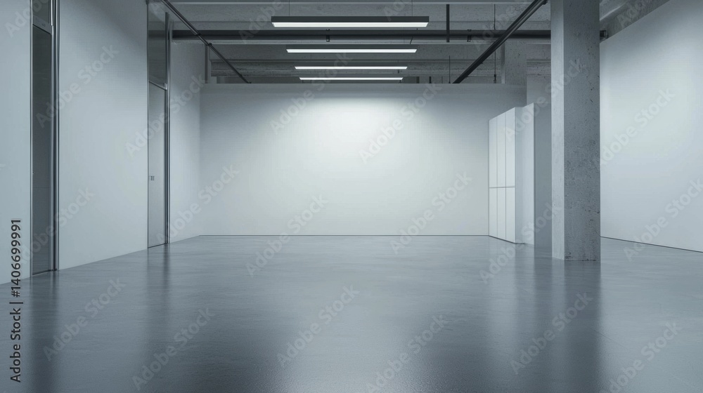 Aufkleber an expansive office space features smooth concrete flooring and white walls, creating a minimalist b