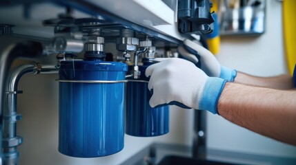Plumber installing a water filtration system in a residential kitchen. Featuring plumbing installation and clean water solutions