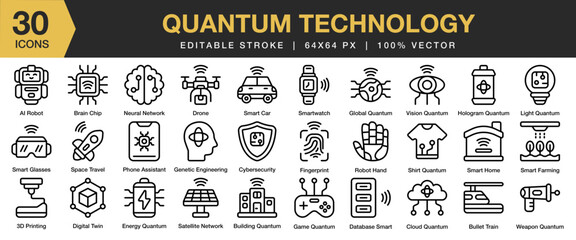 Quantum Technology icon set. Editable Stroke Icon Collection. Includes technology, quantum, digital, science, futuristic, computer, and More. Outline icons vector collection.