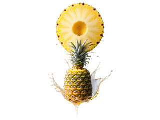 Pineapple Spiral cut slice with juice splashing out, tropical yellow tone against a transparent background.