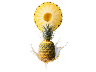 Pineapple Spiral cut slice with juice splashing out, tropical yellow tone against a transparent background.
