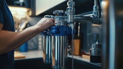 Plumber installing a water filtration system in a residential kitchen. Featuring plumbing installation