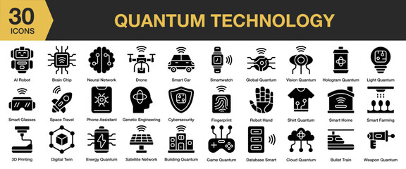 Quantum Technology solid icon set. Includes innovation, future, cyber, server, artificial intelligence, electronic, and More. Solid icons vector collection