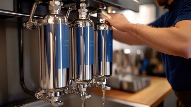 Plumber installing a water filtration system in a residential kitchen. Featuring plumbing installation