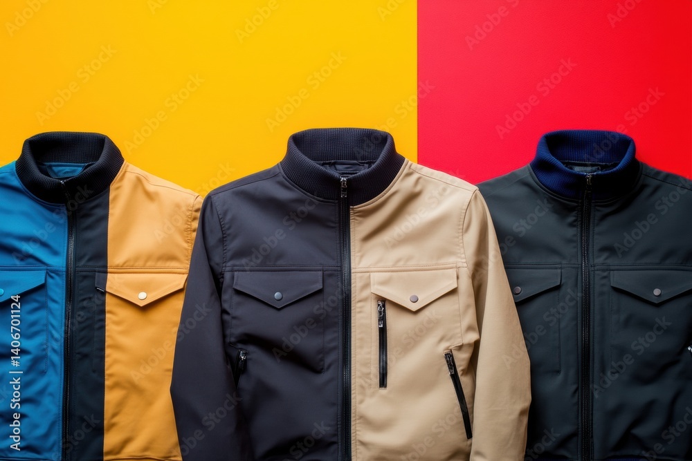 Poster Colorful street jackets arranged in rows against a vibrant background showcasing modern textures and styles