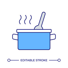 Cooking food in pot line color icon. Saucepan with rising steam and spoon. Preparing healthy homemade dish. Soup recipe. Isolated vector illustration. Flat colorful symbol design. Editable stroke