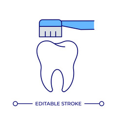 Washing teeth line color icon. Healthy tooth with brush. Regular oral cavity cleaning routine. Dental hygiene sullies. Isolated vector illustration. Flat colorful symbol design. Editable stroke