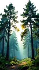 A serene forest landscape with tall trees isolated on a white background, scenery, calm, isolation