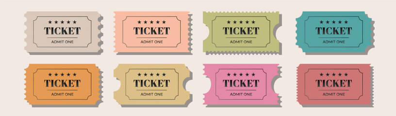 Colorful ticket designs for events featuring various styles and layouts