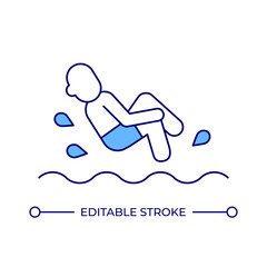 Man jumping in water line color icon. Bathing in calm sea on summer vacation. Beach day activity. Swimming pool. Isolated vector illustration. Flat colorful symbol design. Editable stroke