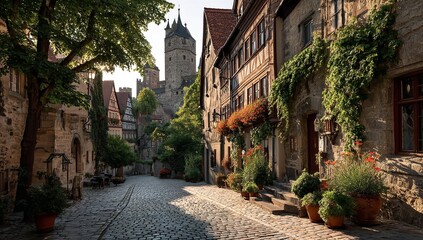 Charming Cobblestone Street with Old Houses at Golden Hour on a Sunny Summer Day