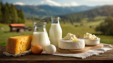 Dairy products including cheese, milk, and cottage cheese are arranged on a wooden table. Fresh eggs are nearby, with a beautiful countryside backdrop under a clear sky