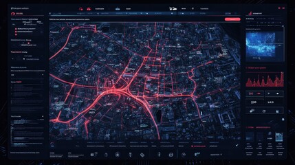 A vibrant digital map showcases intricate traffic flows and urban infrastructure within a city at night. Red lines indicate routes and congestion points analyzed through advanced technology