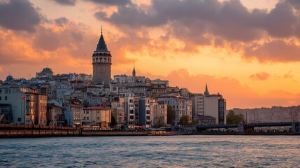 Obraz premium A stunning sunset casts vibrant colors over the Galata Tower and the skyline. The waterfront and buildings reflect the beauty of the twilight atmosphere