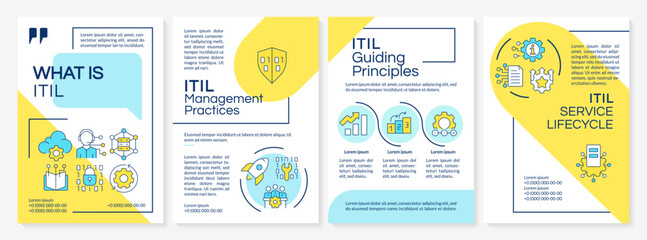 ITIL service blue and yellow brochure layout. Software development, knowledge management. Leaflet advertising design with color line icons. Editable 4 pages. Questrial, Lato-Regular fonts used