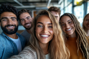 Diversity, selfie and office team friends together in workplace pose for friendly photograph. Unity, happiness and trust of multiracial staff people in corporate business company