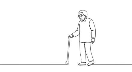 Senior man walking with cane against a simple background