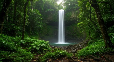 Serene Waterfall Cascading in Lush Tropical Forest: A Tranquil Nature Scene
