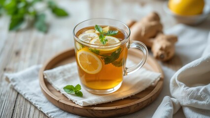 Herbal tea in a clear glass cup with lemon slices, ginger, and mint leaves, placed on a wooden tray with a soft linen napkin, calming wellness vibe