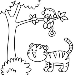 Tiger and Monkey Animal Line Art Drawing for Kids – Simple Outline Vector Illustration for Educational Design